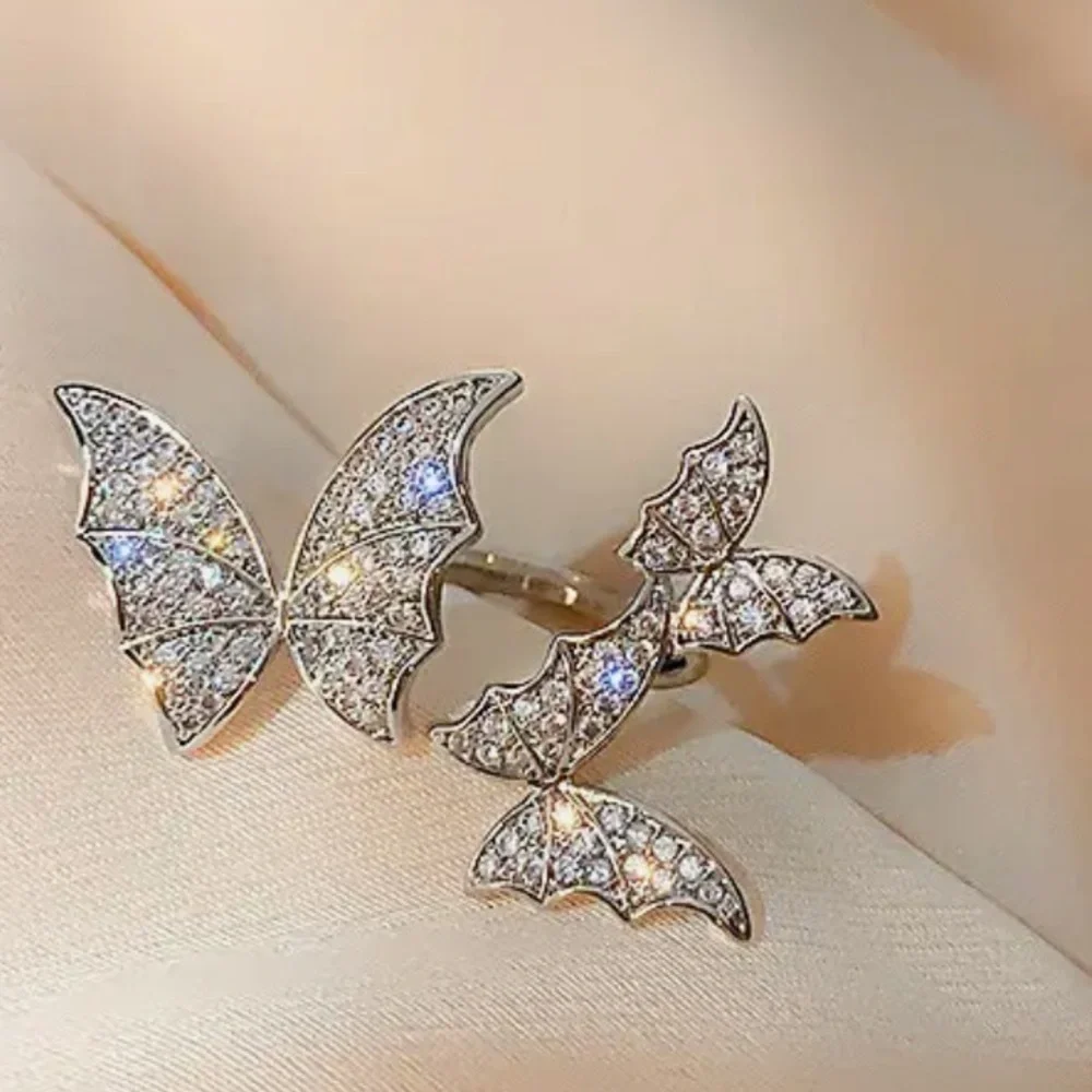 NWT Triple Silver With Crystals Butterfly Ring Adjustable Size